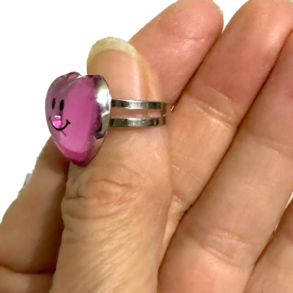 VTG RARE Y2K LISA FRANK PINK SMILEY HEART RING BLING JEWELRY VALENTINE GIFT LOVE